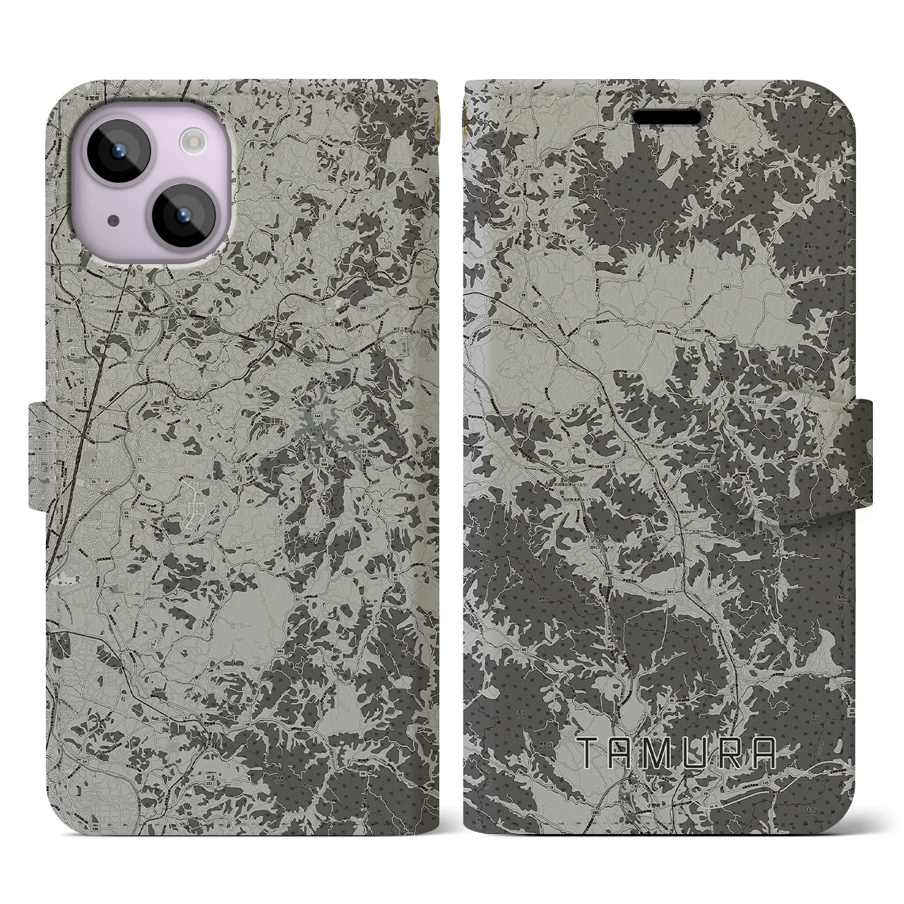 【田村(福島県)】地図柄iPhoneケース(手帳タイプ)モノトーン・iPhone 14 用