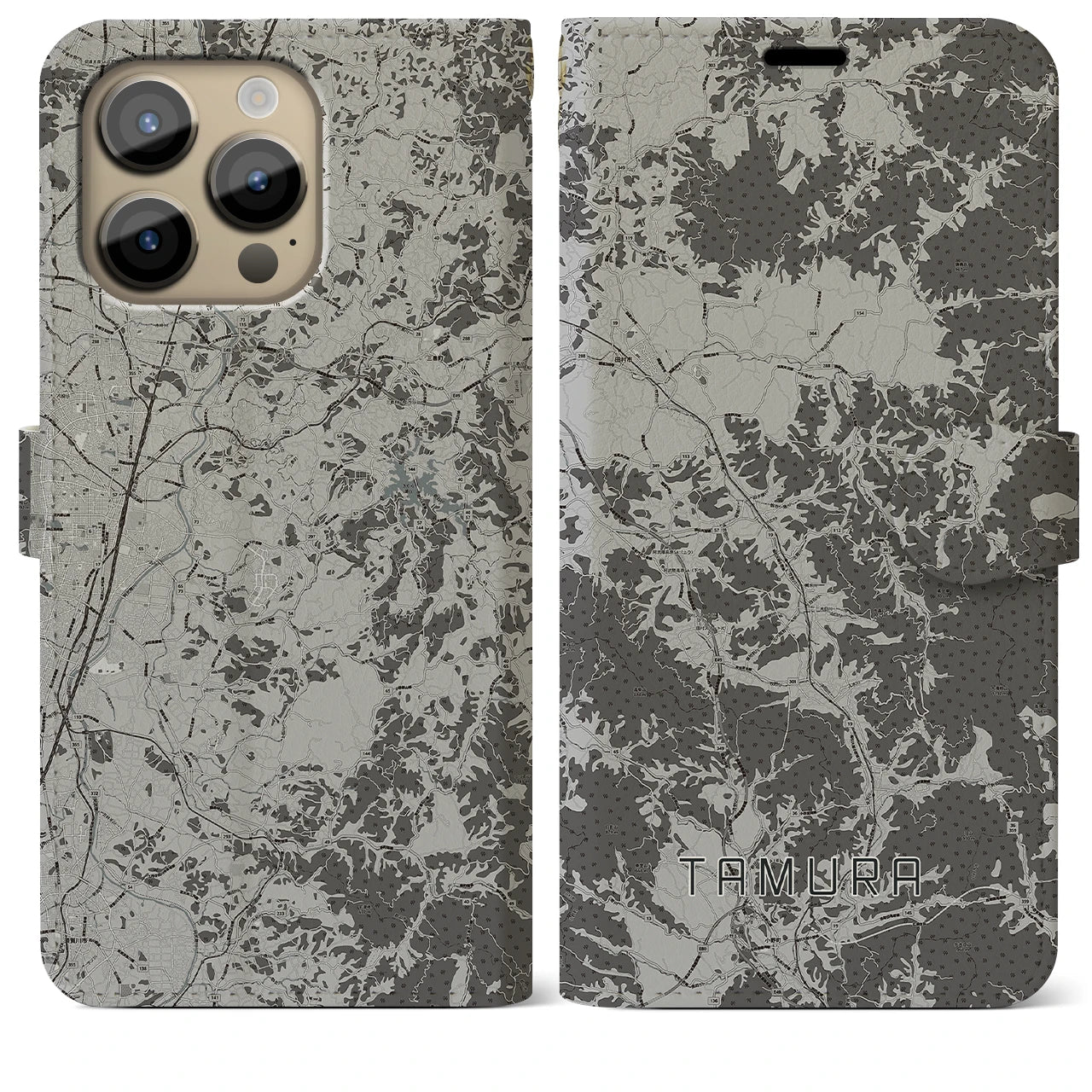 【田村(福島県)】地図柄iPhoneケース(手帳タイプ)モノトーン・iPhone 14 Pro Max 用