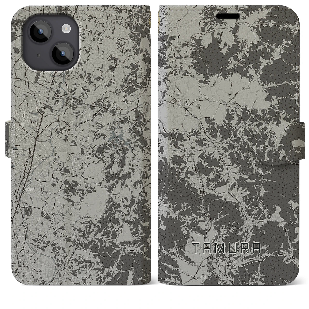 【田村(福島県)】地図柄iPhoneケース(手帳タイプ)モノトーン・iPhone 14 Plus 用