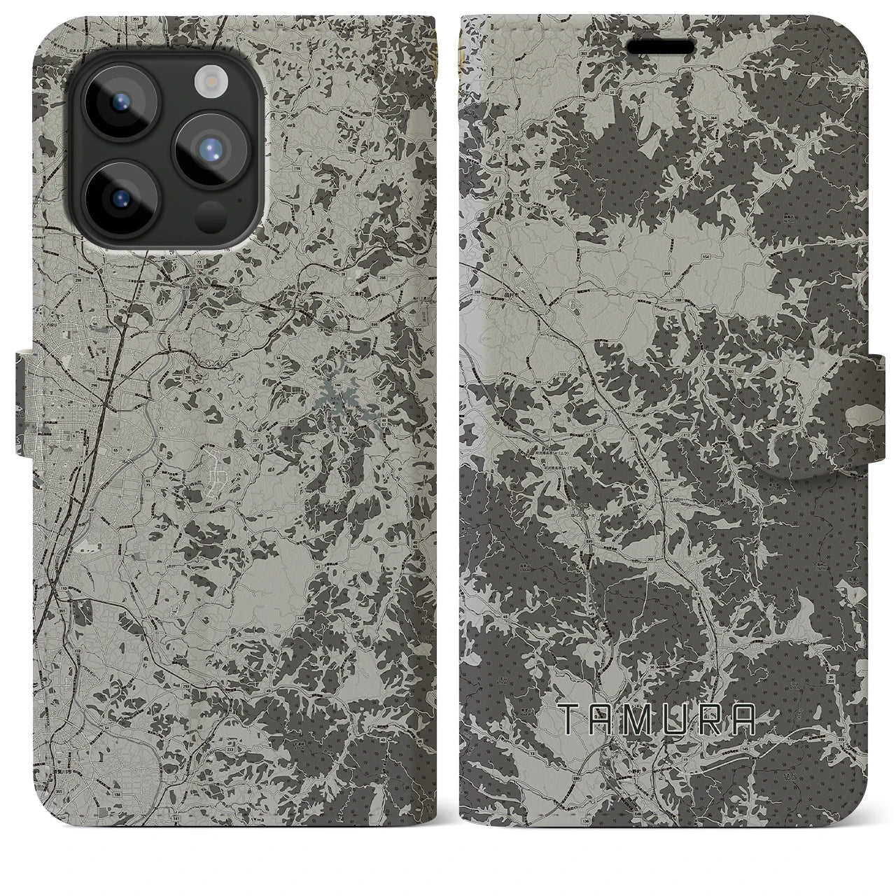 【田村(福島県)】地図柄iPhoneケース(手帳タイプ)モノトーン・iPhone 15 Pro Max 用