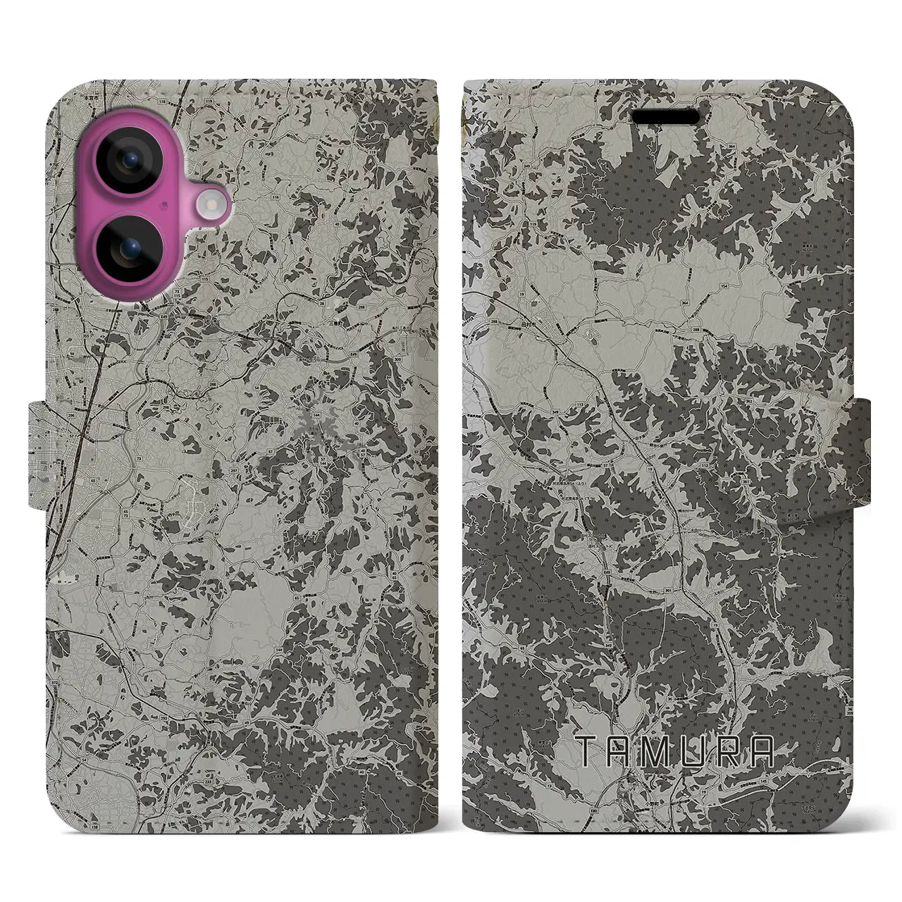 【田村(福島県)】地図柄iPhoneケース(手帳タイプ)モノトーン・iPhone 16 Pro 用