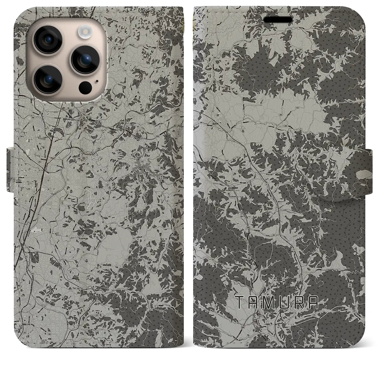 【田村(福島県)】地図柄iPhoneケース(手帳タイプ)モノトーン・iPhone 16 Plus 用