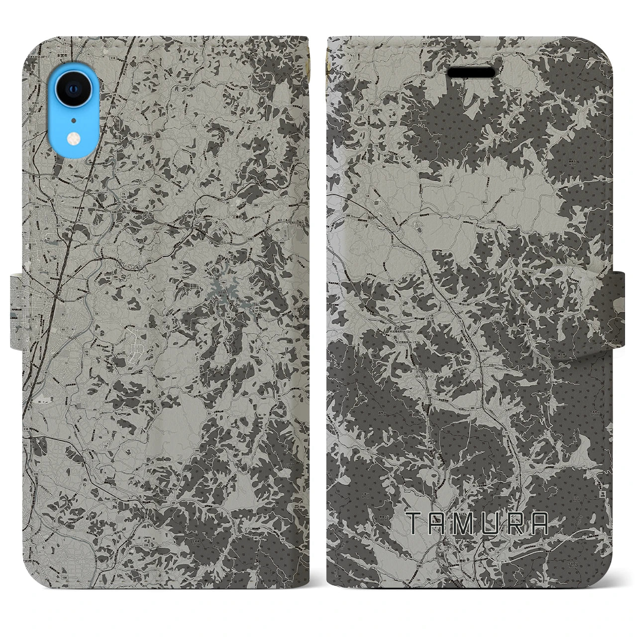 【田村(福島県)】地図柄iPhoneケース(手帳タイプ)モノトーン・iPhone XR 用