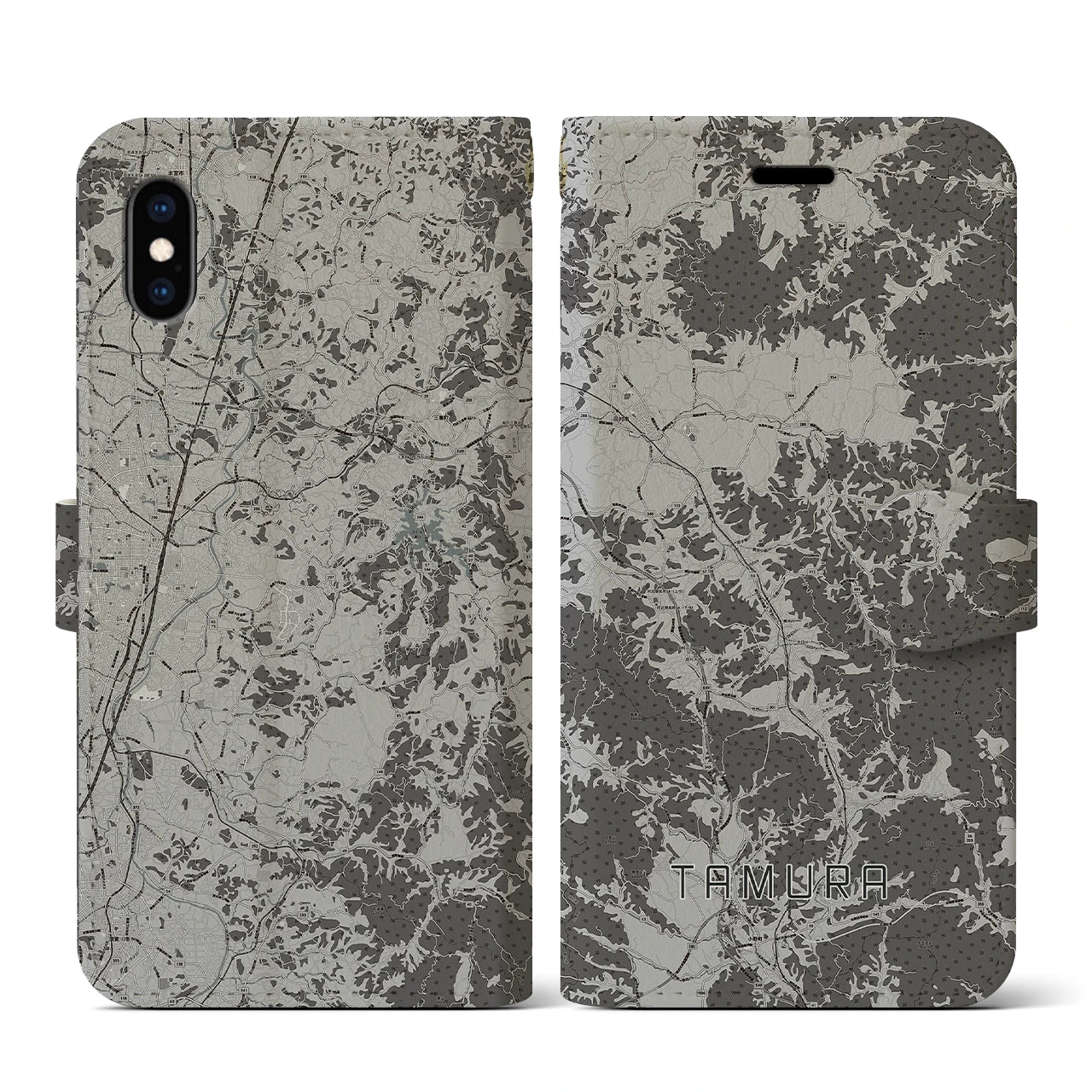 【田村(福島県)】地図柄iPhoneケース(手帳タイプ)モノトーン・iPhone XS / X 用