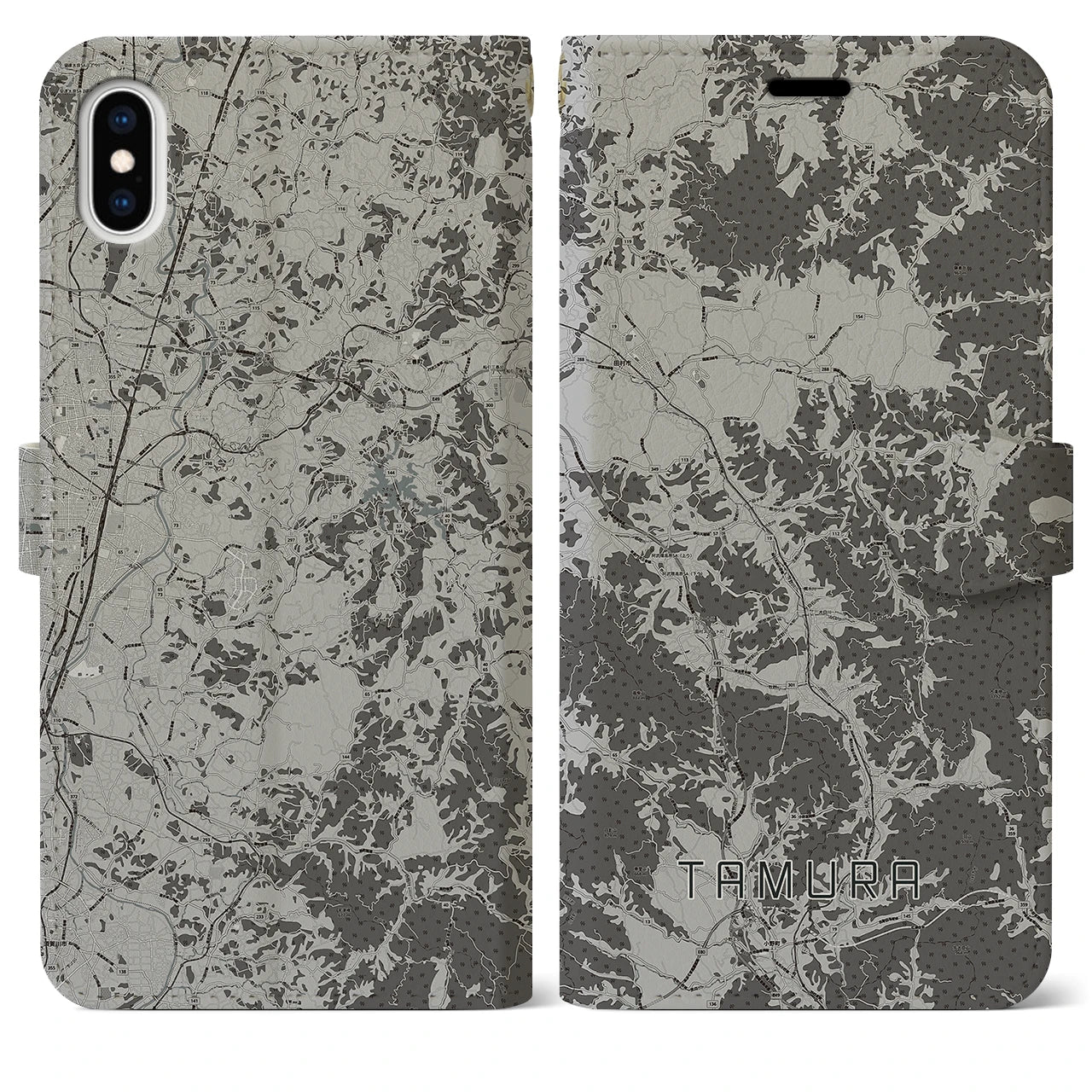 【田村(福島県)】地図柄iPhoneケース(手帳タイプ)モノトーン・iPhone XS Max 用