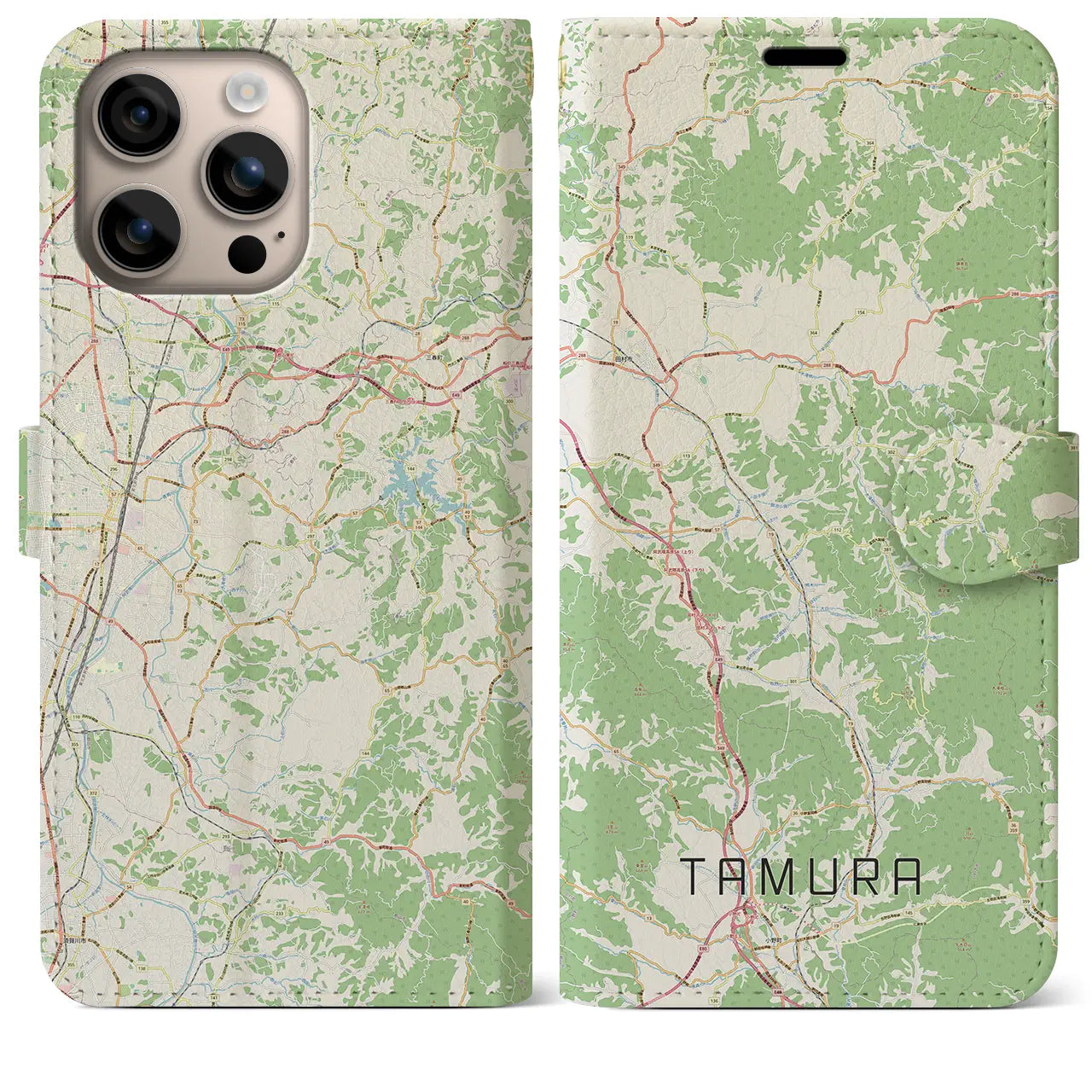 【田村(福島県)】地図柄iPhoneケース(手帳タイプ)ナチュラル・iPhone 16 Plus 用