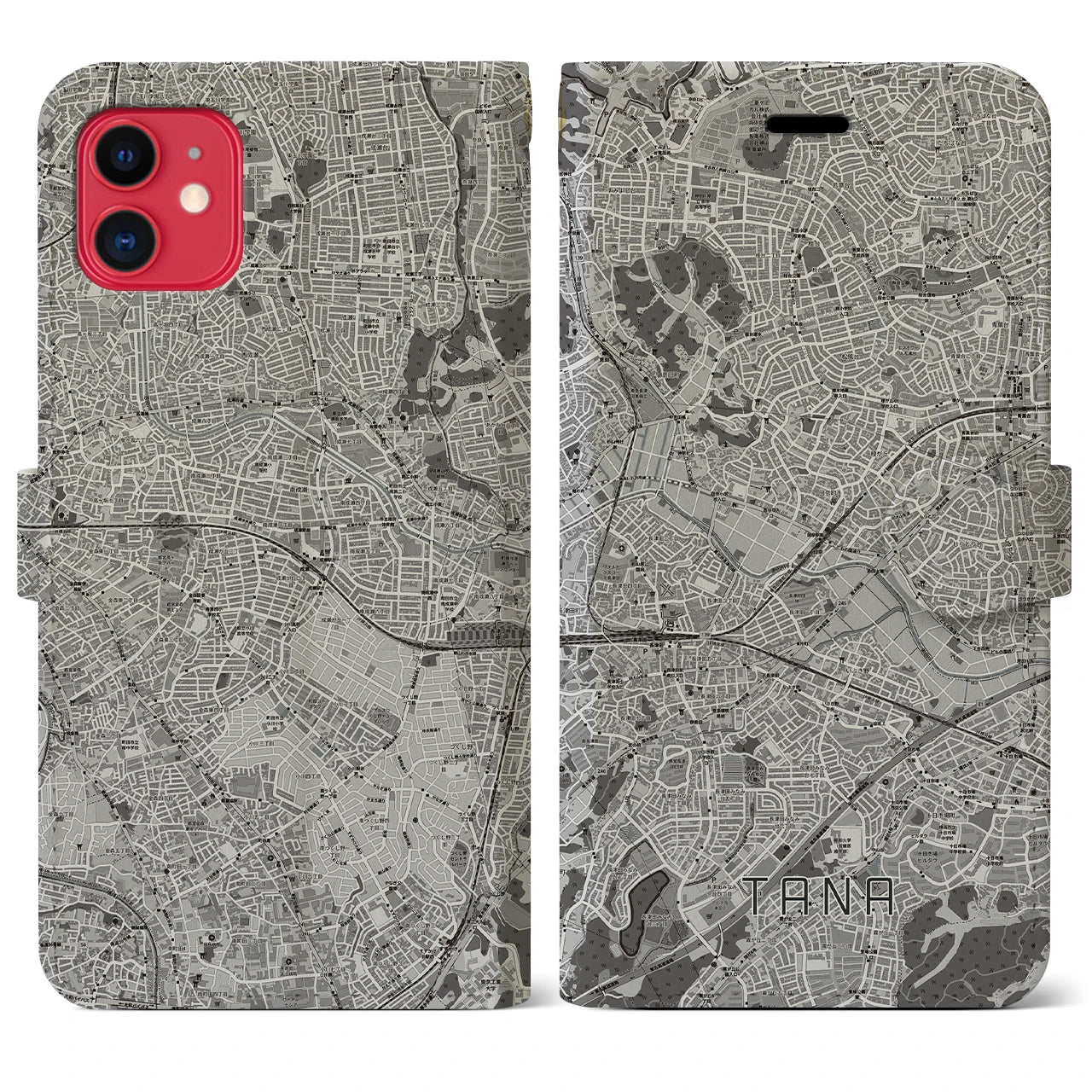 【田奈(神奈川県)】地図柄iPhoneケース(手帳タイプ)モノトーン・iPhone 11 用