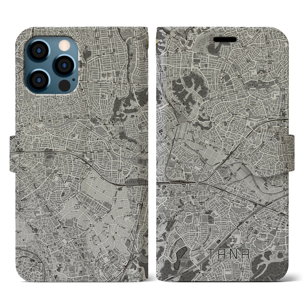 【田奈(神奈川県)】地図柄iPhoneケース(手帳タイプ)モノトーン・iPhone 12 / 12 Pro 用
