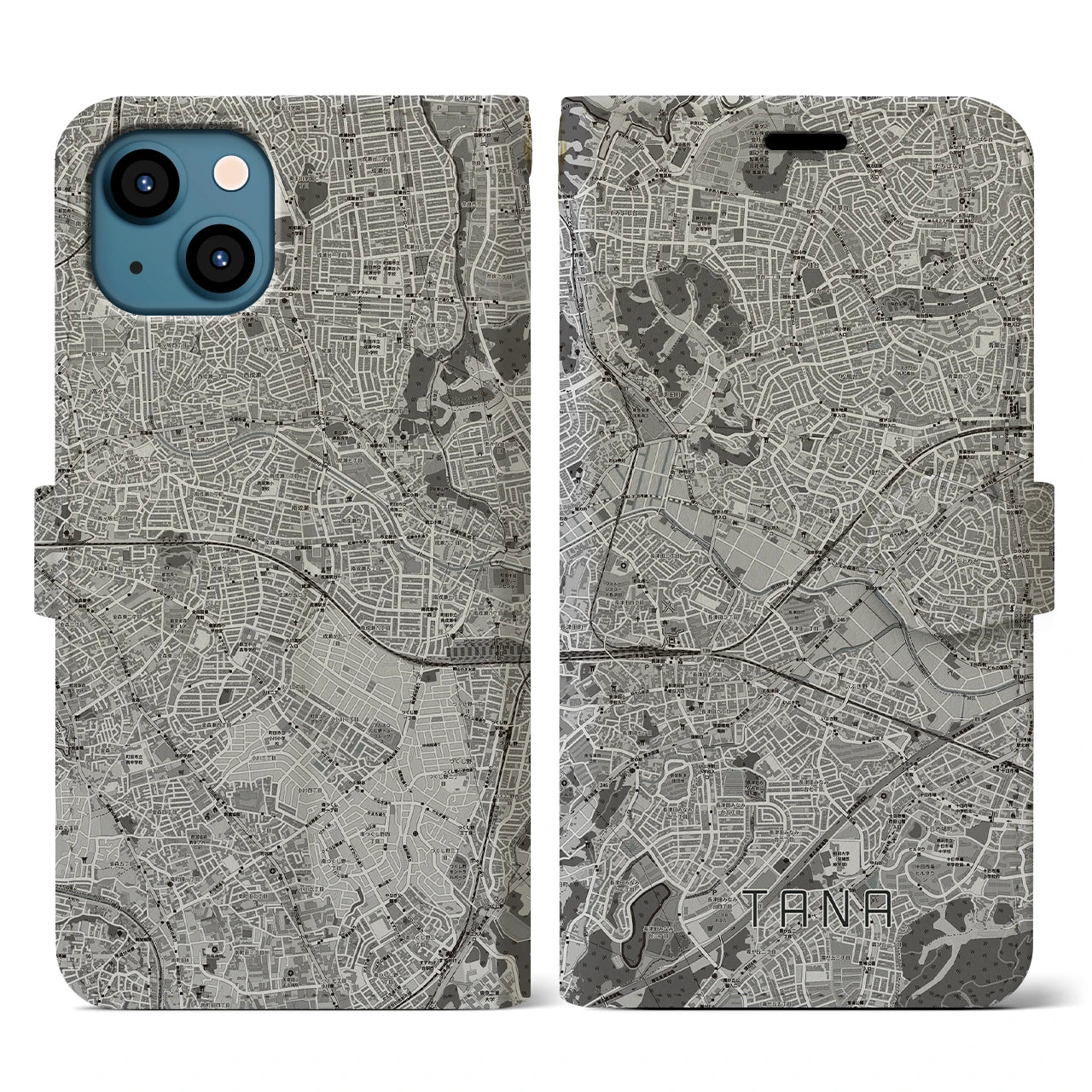 【田奈(神奈川県)】地図柄iPhoneケース(手帳タイプ)モノトーン・iPhone 13 用