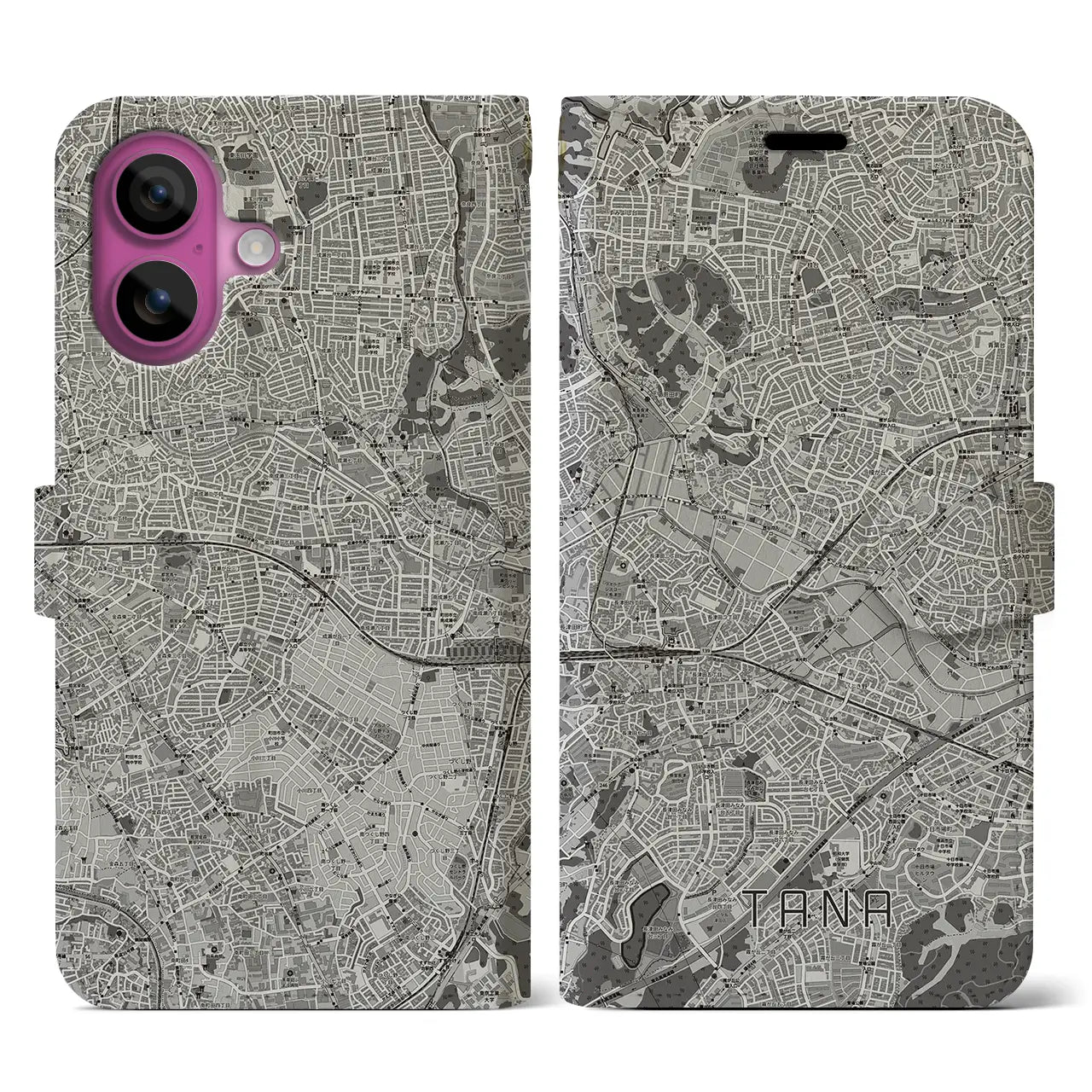 【田奈(神奈川県)】地図柄iPhoneケース(手帳タイプ)モノトーン・iPhone 16 Pro 用