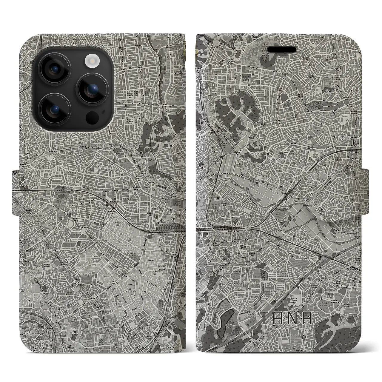 【田奈(神奈川県)】地図柄iPhoneケース(手帳タイプ)モノトーン・iPhone 16 用