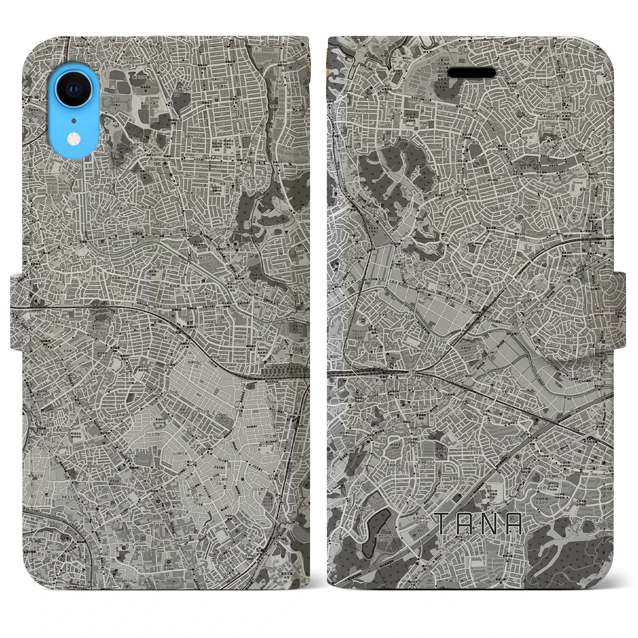 【田奈(神奈川県)】地図柄iPhoneケース(手帳タイプ)モノトーン・iPhone XR 用