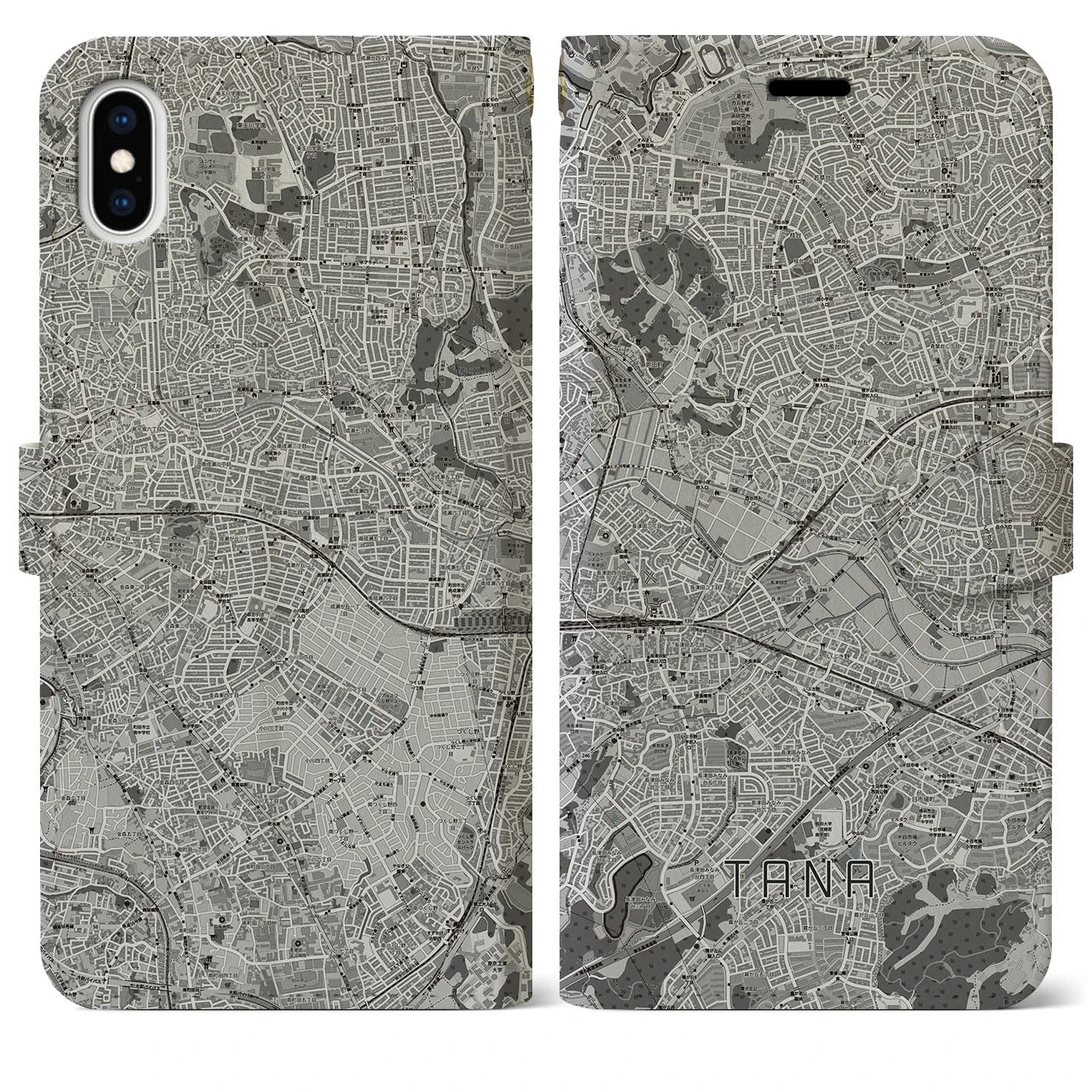 【田奈(神奈川県)】地図柄iPhoneケース(手帳タイプ)モノトーン・iPhone XS Max 用