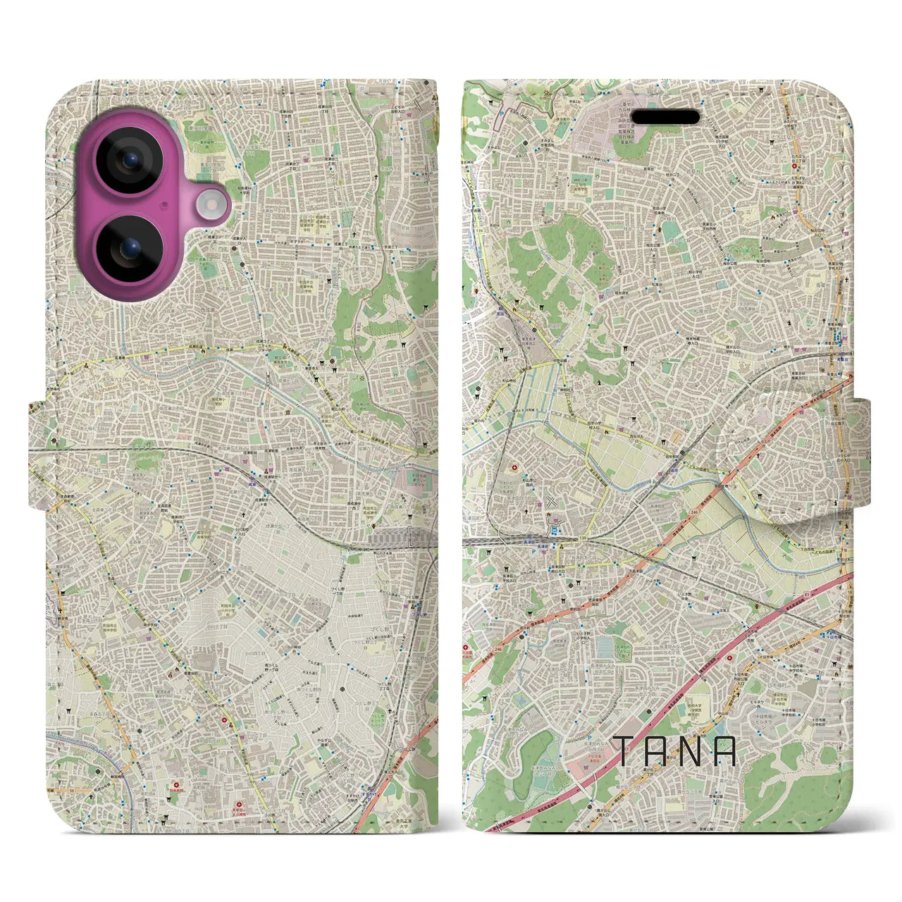 【田奈(神奈川県)】地図柄iPhoneケース(手帳タイプ)ナチュラル・iPhone 16 Pro 用