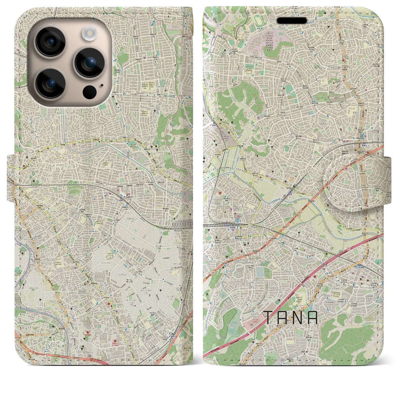 【田奈(神奈川県)】地図柄iPhoneケース(手帳タイプ)ナチュラル・iPhone 16 Plus 用