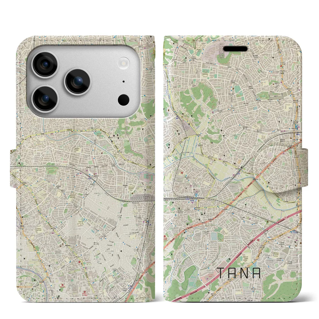 【田奈(神奈川県)】地図柄iPhoneケース(手帳タイプ)ナチュラル・iPhone 17 Pro Max 用