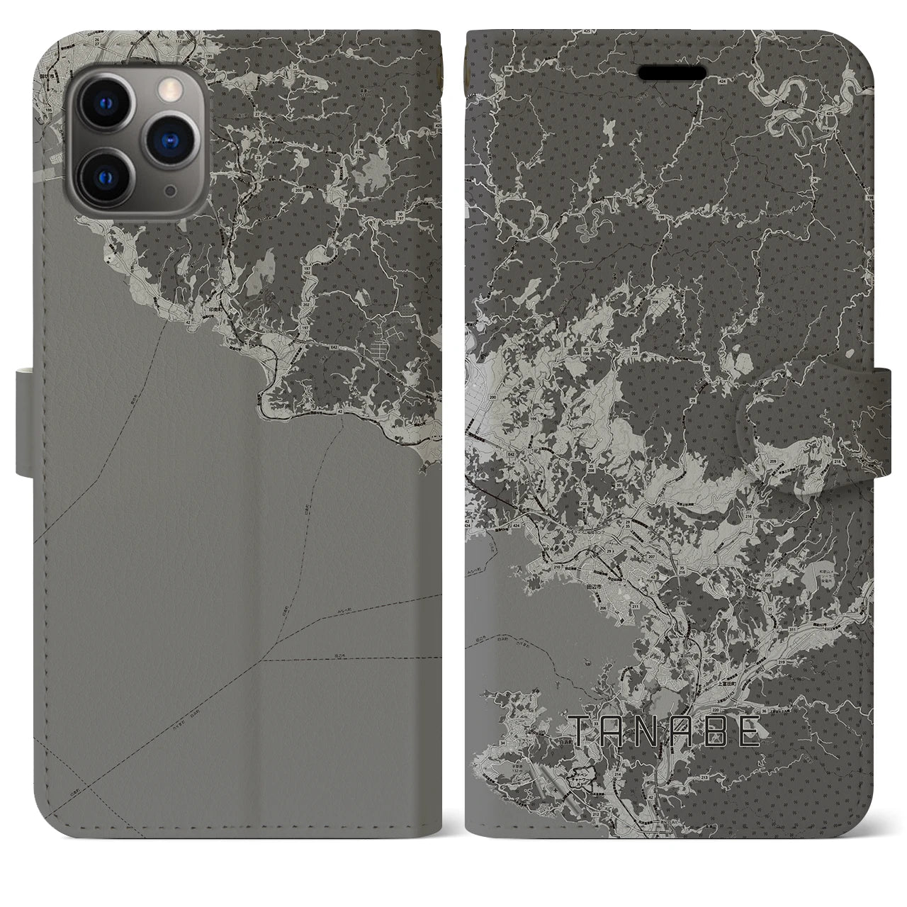 【田辺(和歌山県)】地図柄iPhoneケース(手帳タイプ)モノトーン・iPhone 11 Pro Max 用