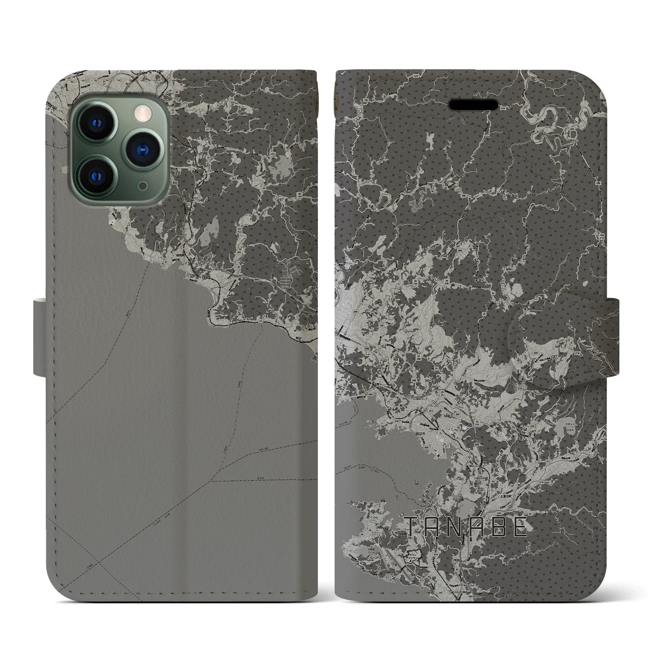 【田辺(和歌山県)】地図柄iPhoneケース(手帳タイプ)モノトーン・iPhone 11 Pro 用