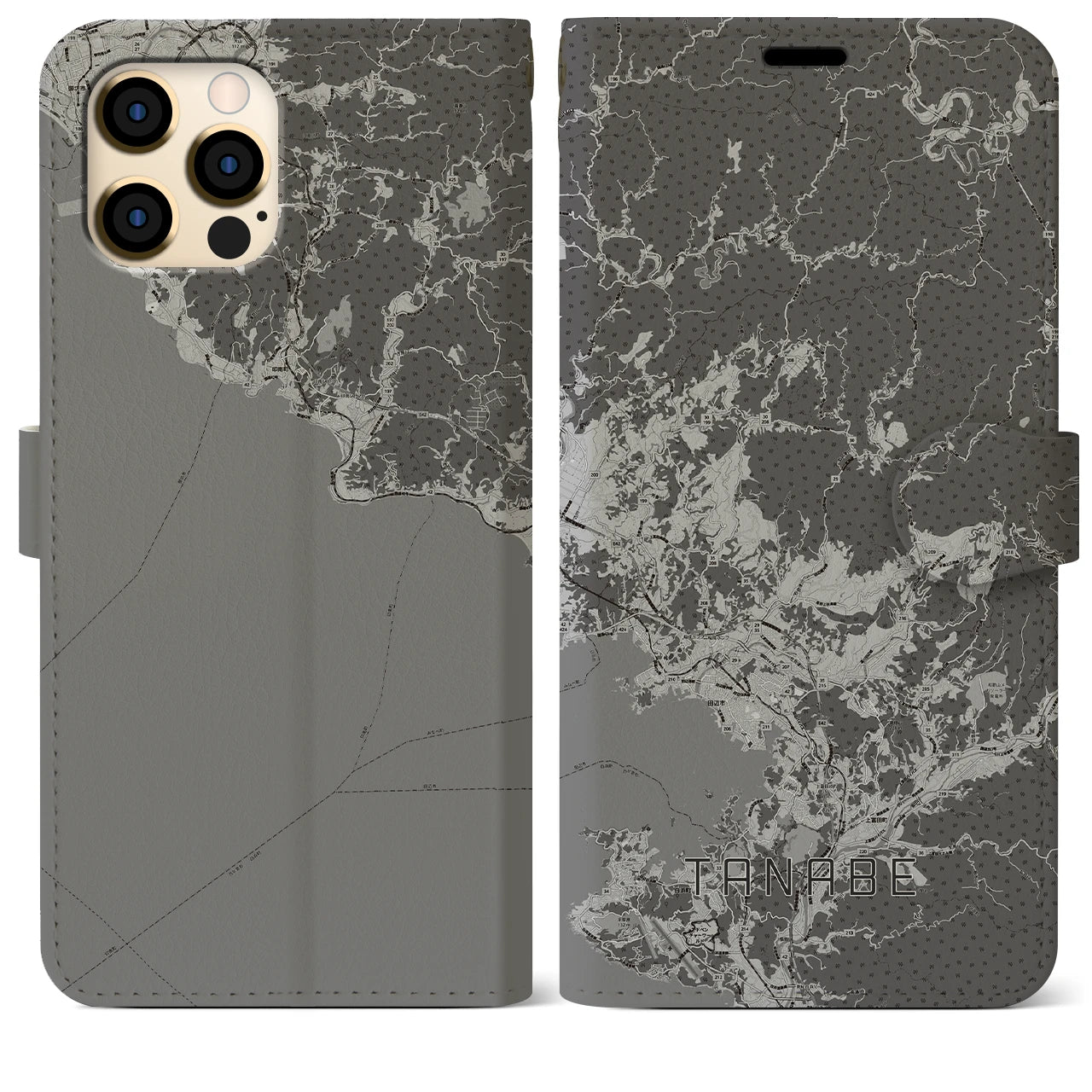 【田辺(和歌山県)】地図柄iPhoneケース(手帳タイプ)モノトーン・iPhone 12 Pro Max 用