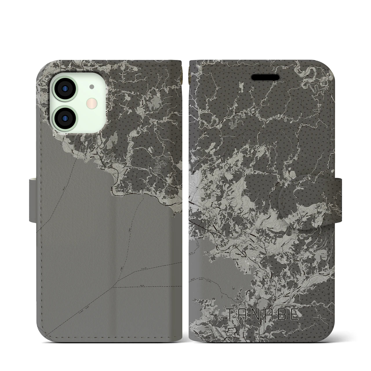 【田辺(和歌山県)】地図柄iPhoneケース(手帳タイプ)モノトーン・iPhone 12 mini 用
