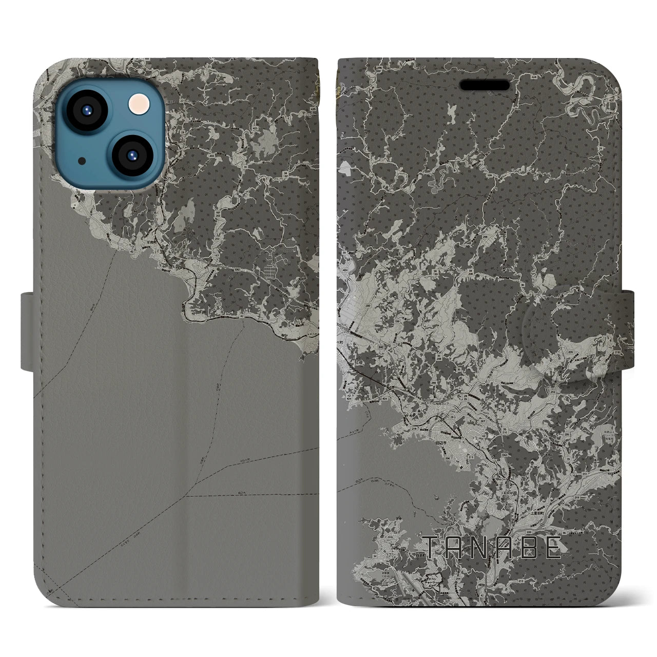 【田辺(和歌山県)】地図柄iPhoneケース(手帳タイプ)モノトーン・iPhone 13 用
