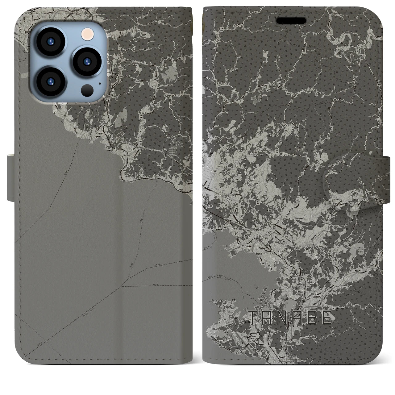 【田辺(和歌山県)】地図柄iPhoneケース(手帳タイプ)モノトーン・iPhone 13 Pro Max 用