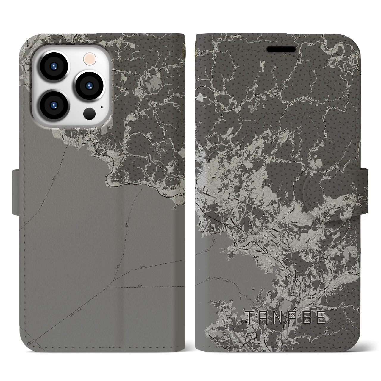 【田辺(和歌山県)】地図柄iPhoneケース(手帳タイプ)モノトーン・iPhone 13 Pro 用