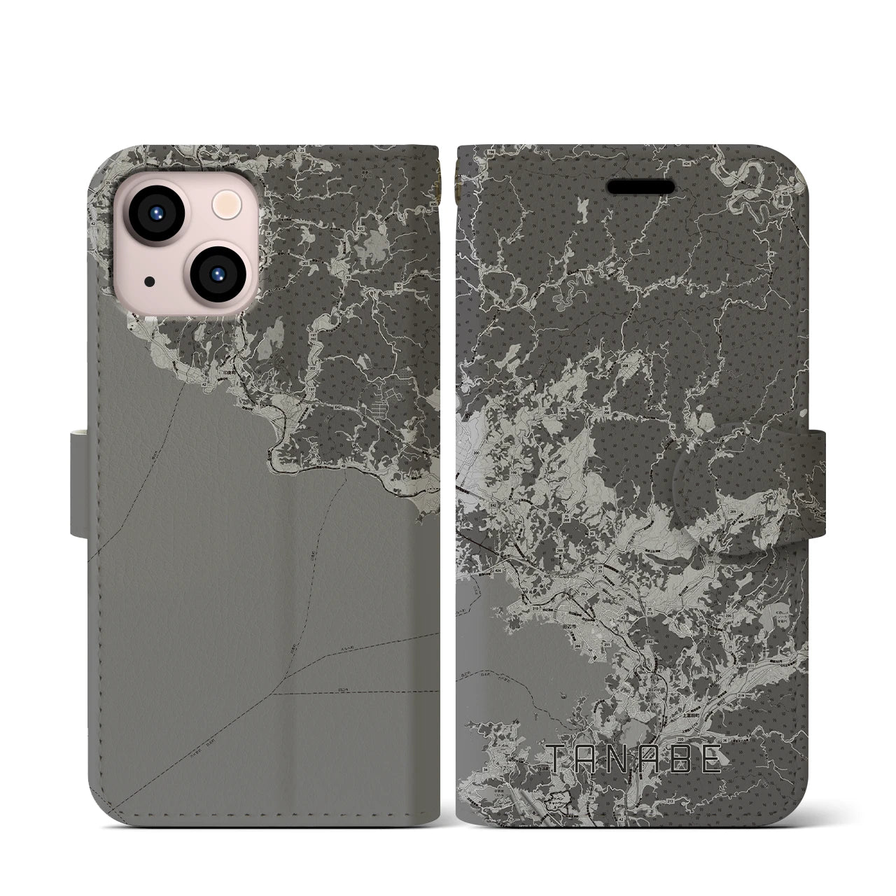 【田辺(和歌山県)】地図柄iPhoneケース(手帳タイプ)モノトーン・iPhone 13 mini 用