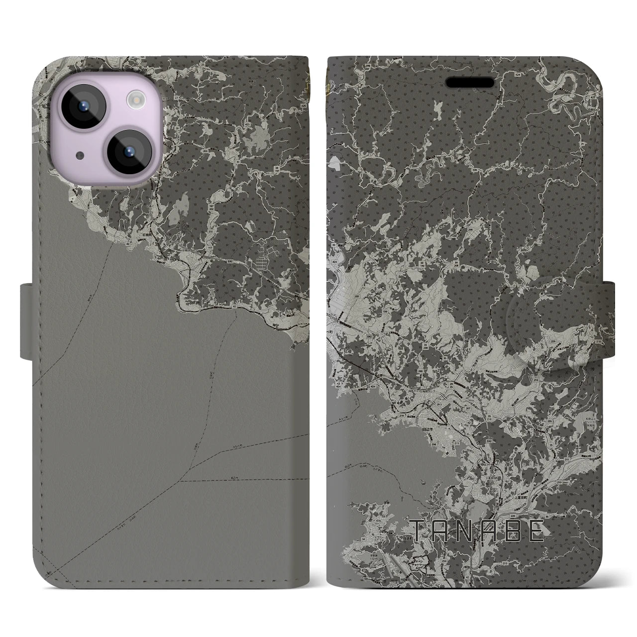 【田辺(和歌山県)】地図柄iPhoneケース(手帳タイプ)モノトーン・iPhone 14 用