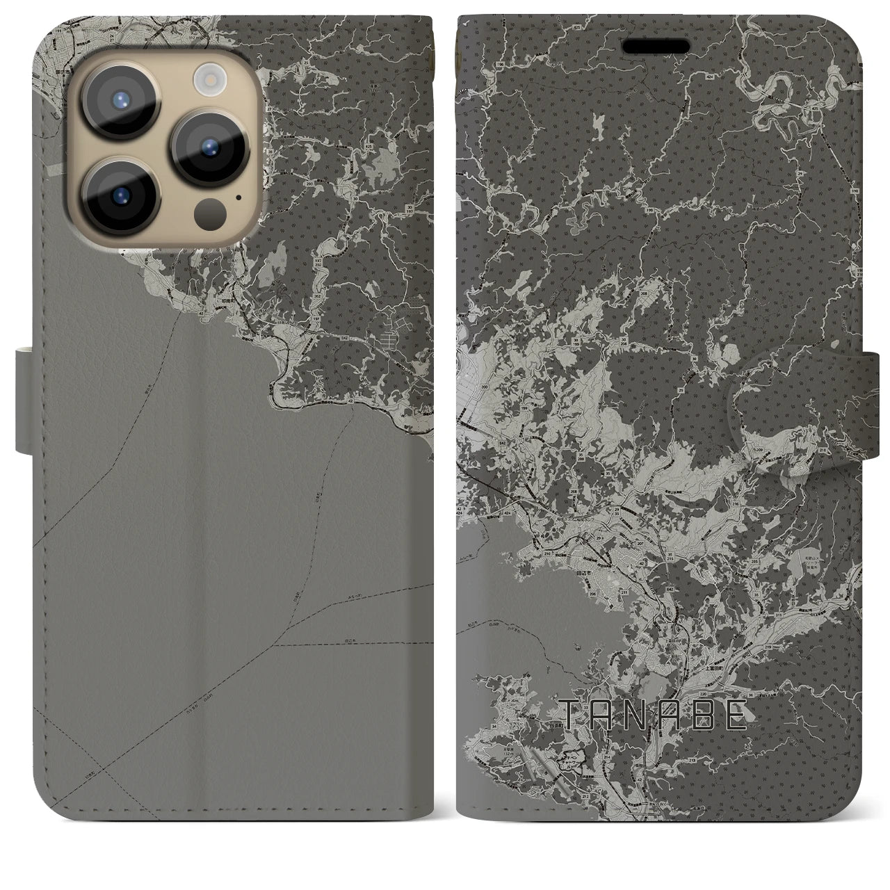 【田辺(和歌山県)】地図柄iPhoneケース(手帳タイプ)モノトーン・iPhone 14 Pro Max 用