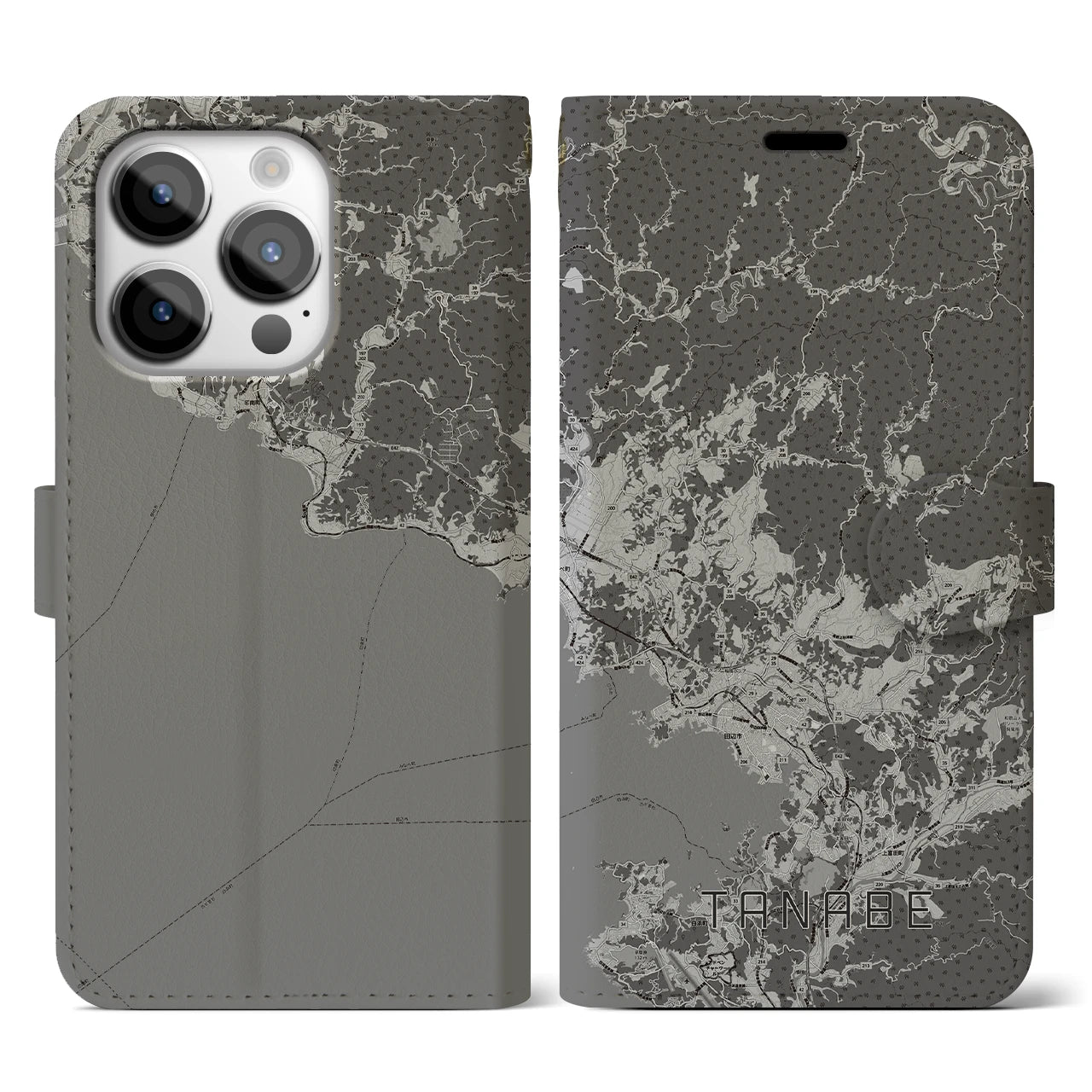 【田辺(和歌山県)】地図柄iPhoneケース(手帳タイプ)モノトーン・iPhone 14 Pro 用