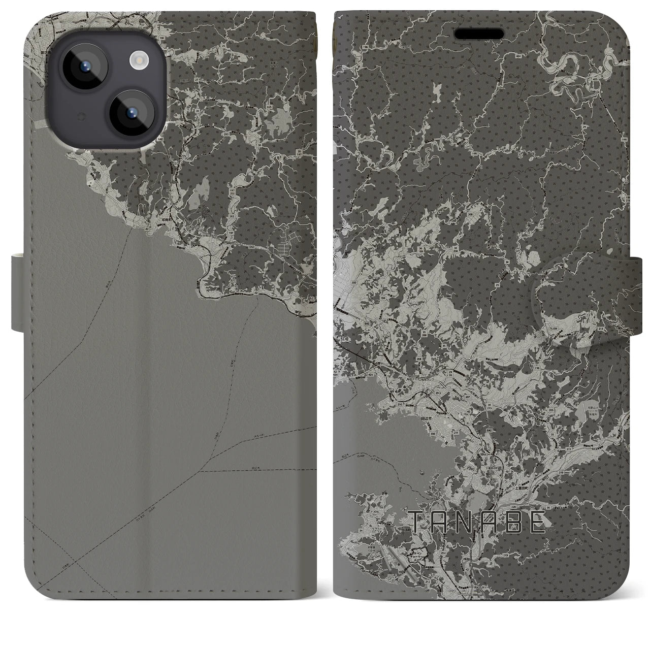 【田辺(和歌山県)】地図柄iPhoneケース(手帳タイプ)モノトーン・iPhone 14 Plus 用