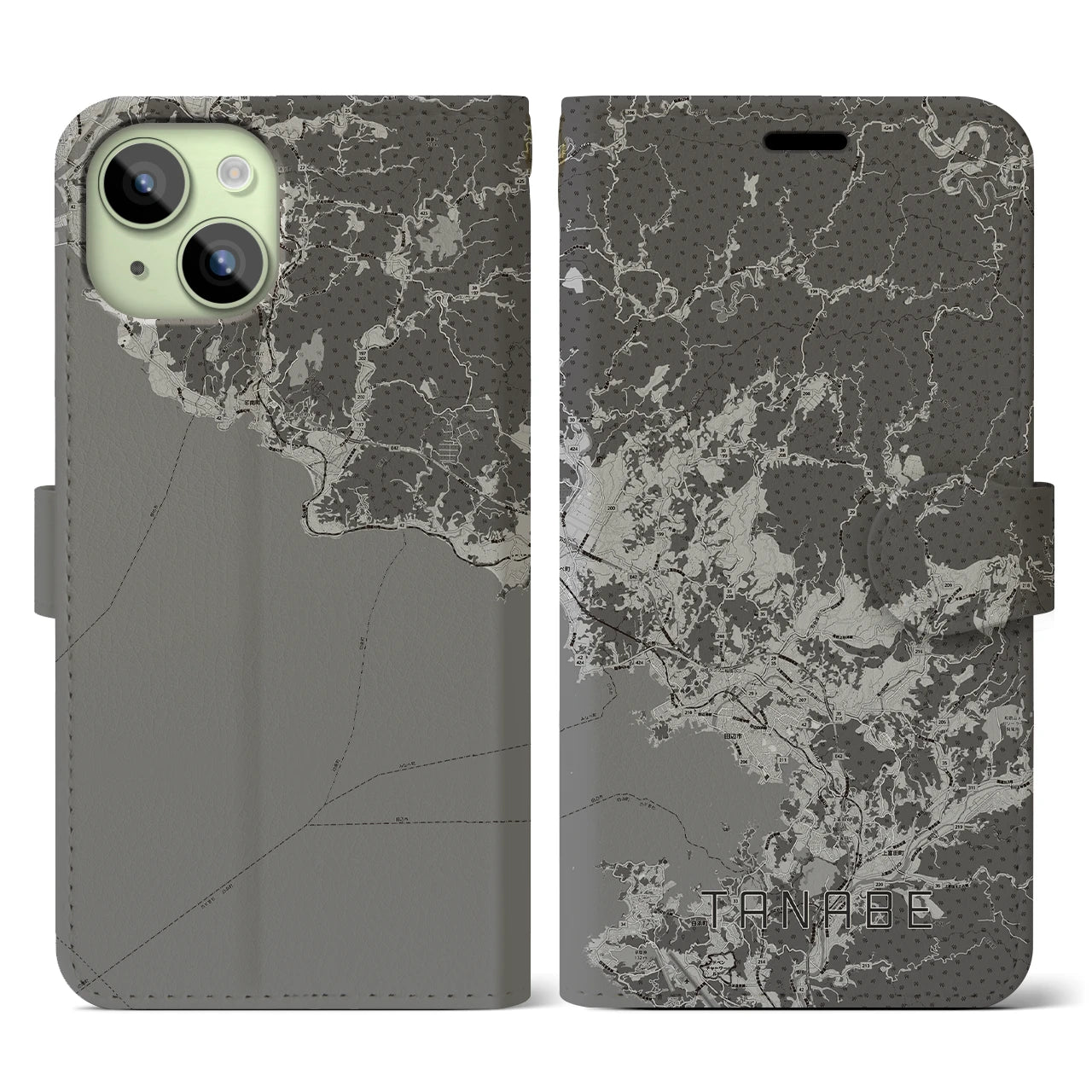 【田辺(和歌山県)】地図柄iPhoneケース(手帳タイプ)モノトーン・iPhone 15 用