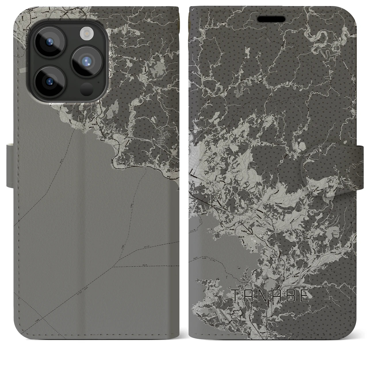 【田辺(和歌山県)】地図柄iPhoneケース(手帳タイプ)モノトーン・iPhone 15 Pro Max 用
