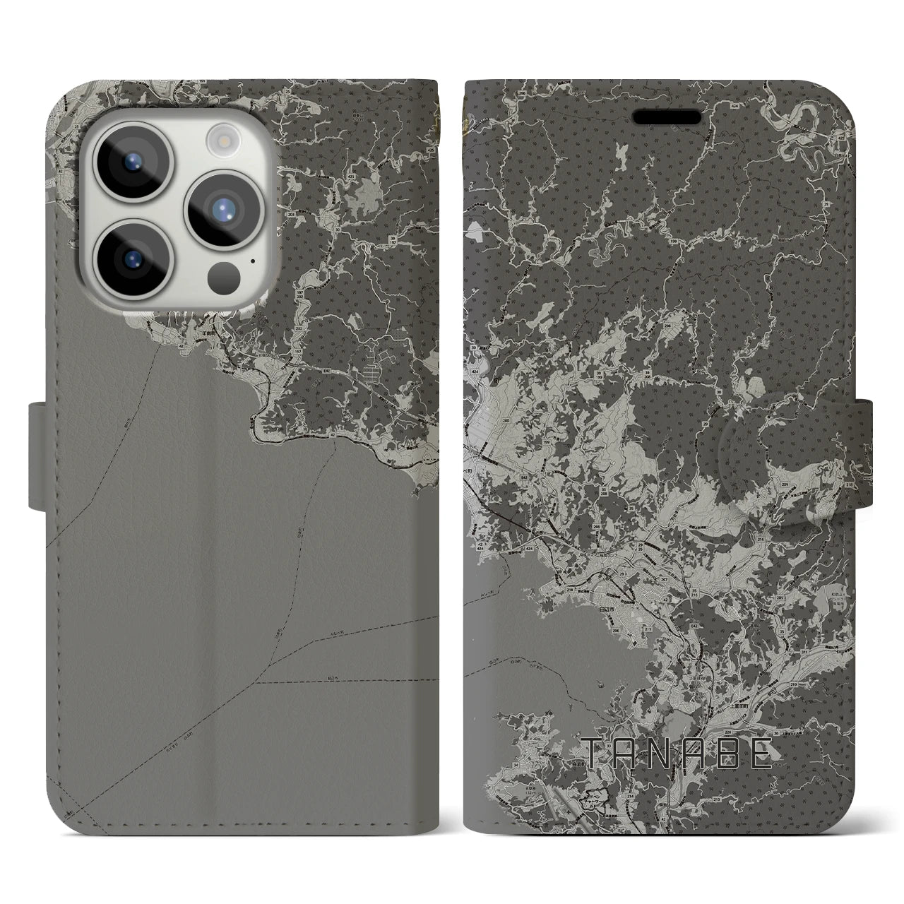 【田辺(和歌山県)】地図柄iPhoneケース(手帳タイプ)モノトーン・iPhone 15 Pro 用