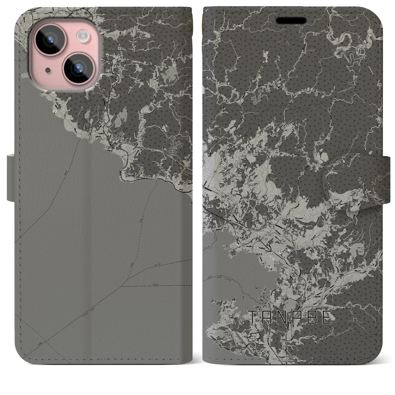 【田辺(和歌山県)】地図柄iPhoneケース(手帳タイプ)モノトーン・iPhone 15 Plus 用