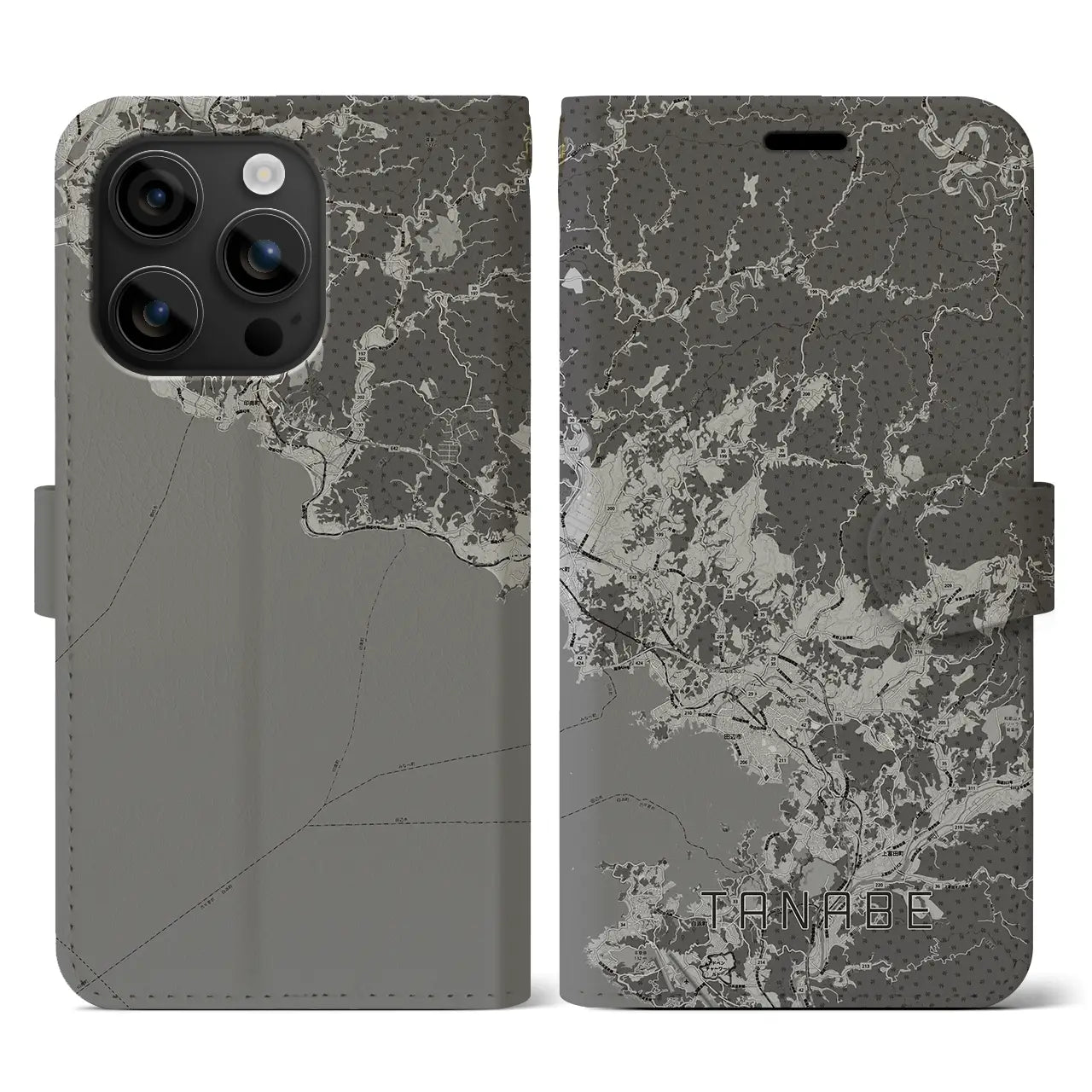 【田辺(和歌山県)】地図柄iPhoneケース(手帳タイプ)モノトーン・iPhone 16 用
