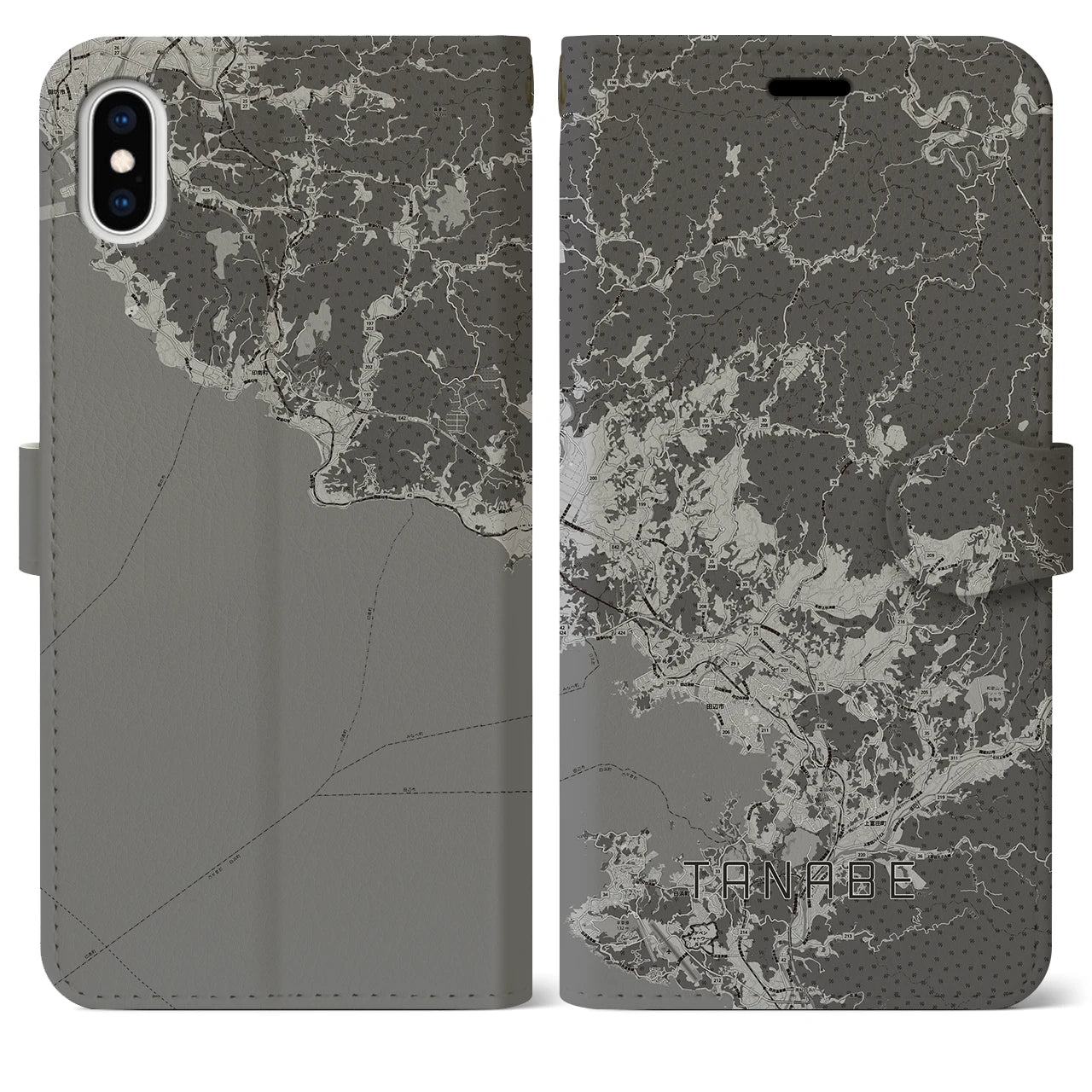 【田辺(和歌山県)】地図柄iPhoneケース(手帳タイプ)モノトーン・iPhone XS Max 用