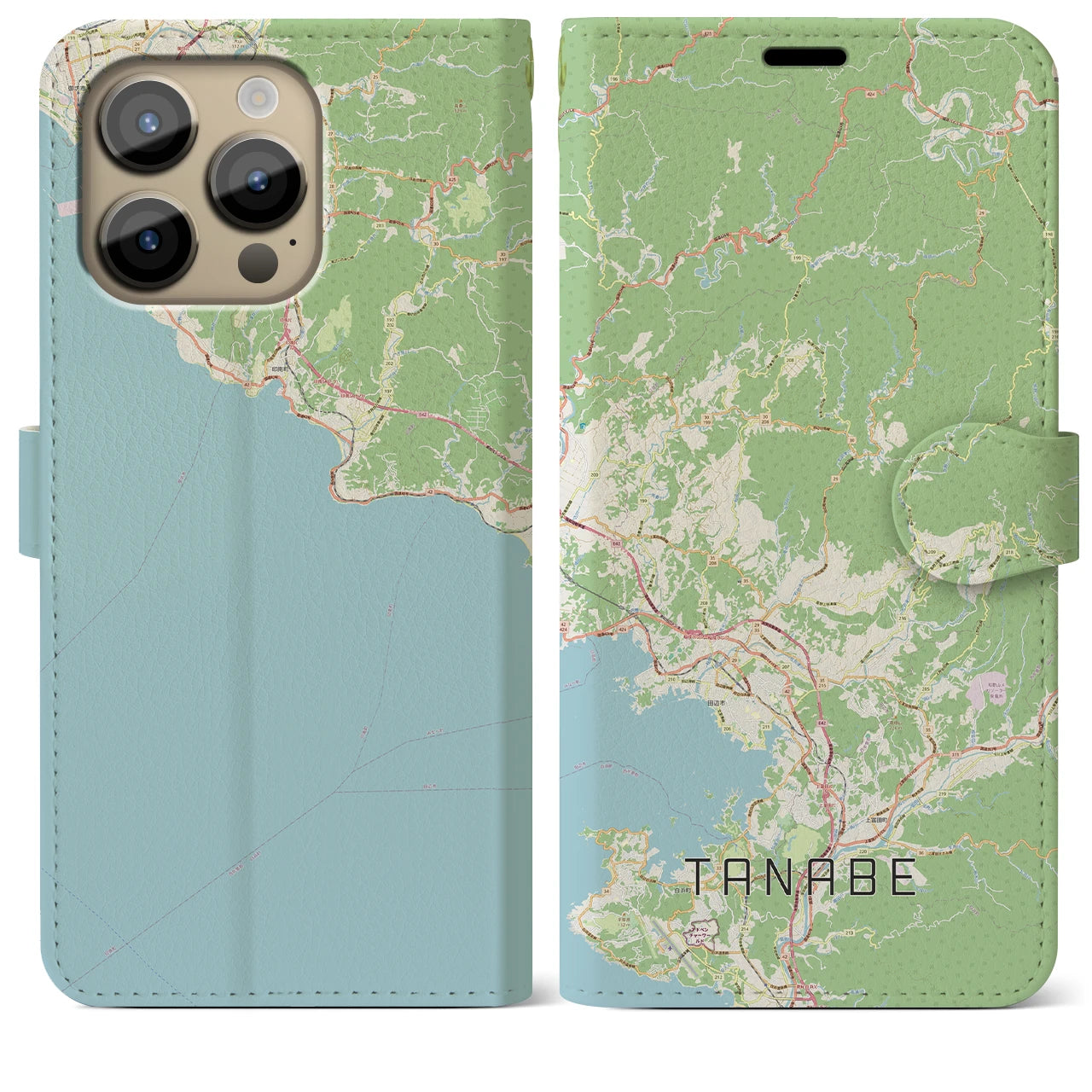【田辺(和歌山県)】地図柄iPhoneケース(手帳タイプ)ナチュラル・iPhone 14 Pro Max 用