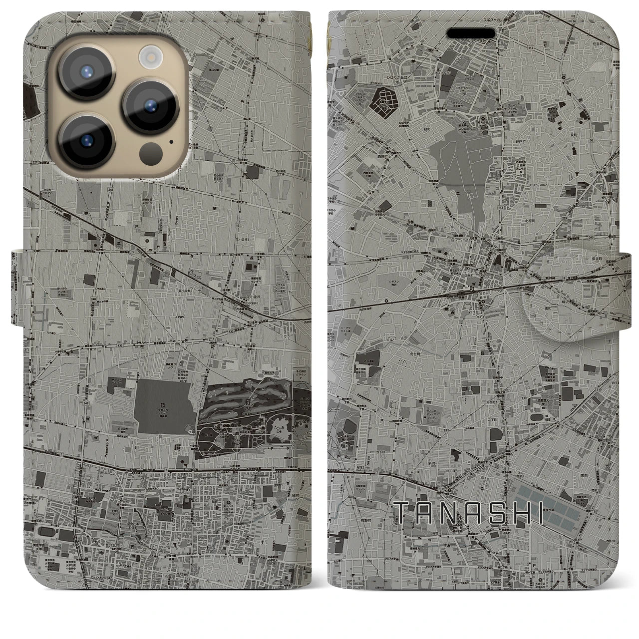 【田無(東京都)】地図柄iPhoneケース(手帳タイプ)モノトーン・iPhone 14 Pro Max 用