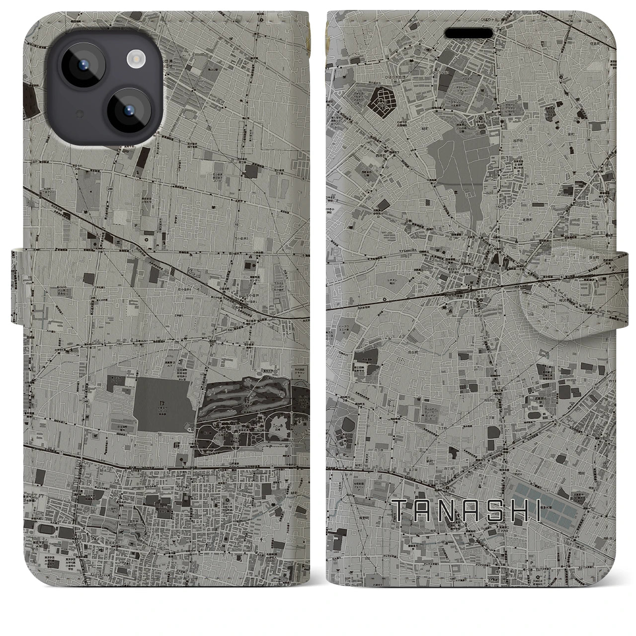 【田無(東京都)】地図柄iPhoneケース(手帳タイプ)モノトーン・iPhone 14 Plus 用