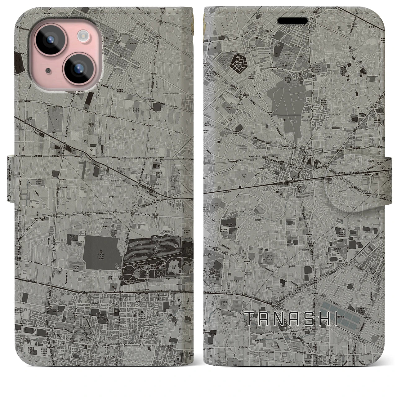 【田無(東京都)】地図柄iPhoneケース(手帳タイプ)モノトーン・iPhone 15 Plus 用