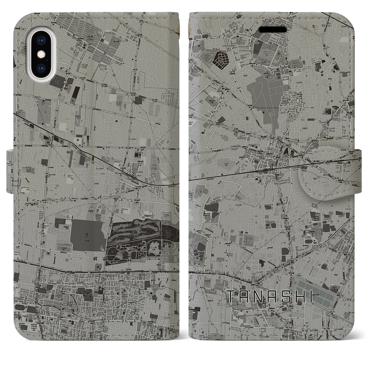 【田無(東京都)】地図柄iPhoneケース(手帳タイプ)モノトーン・iPhone XS Max 用