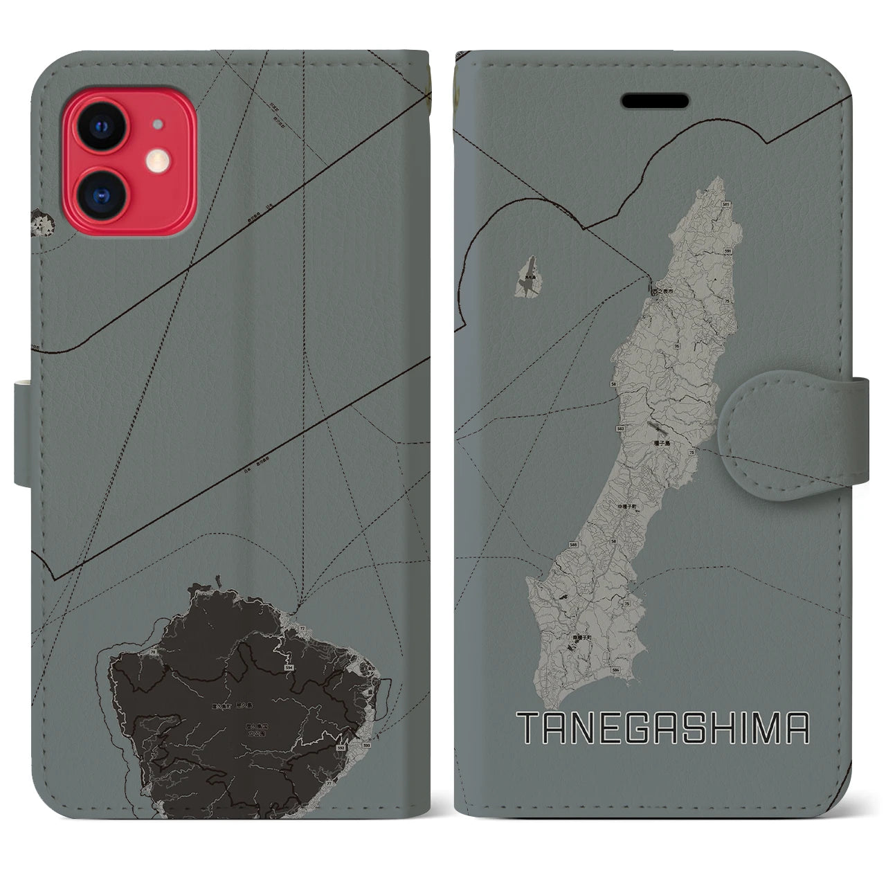 【種子島(鹿児島県)】地図柄iPhoneケース(手帳タイプ)モノトーン・iPhone 11 用
