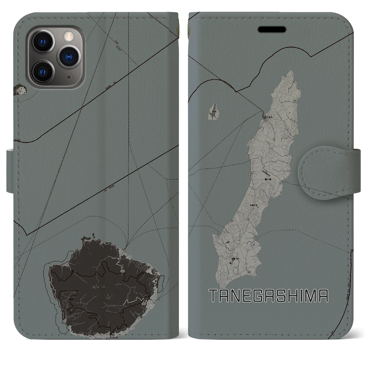 【種子島(鹿児島県)】地図柄iPhoneケース(手帳タイプ)モノトーン・iPhone 11 Pro Max 用