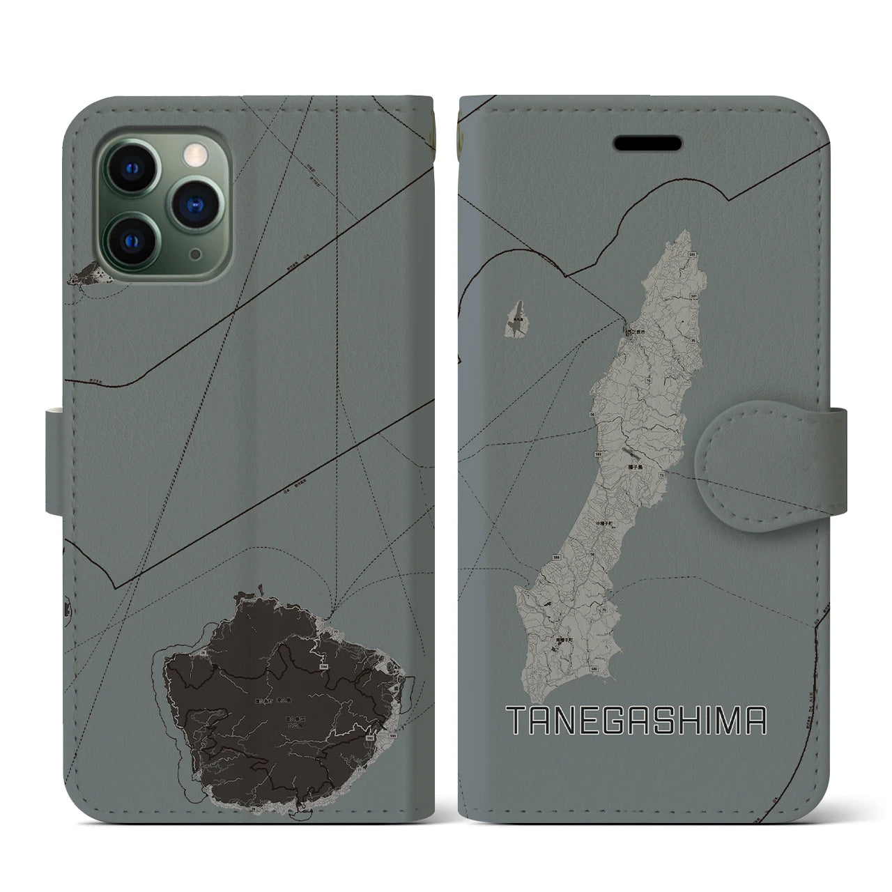 【種子島(鹿児島県)】地図柄iPhoneケース(手帳タイプ)モノトーン・iPhone 11 Pro 用