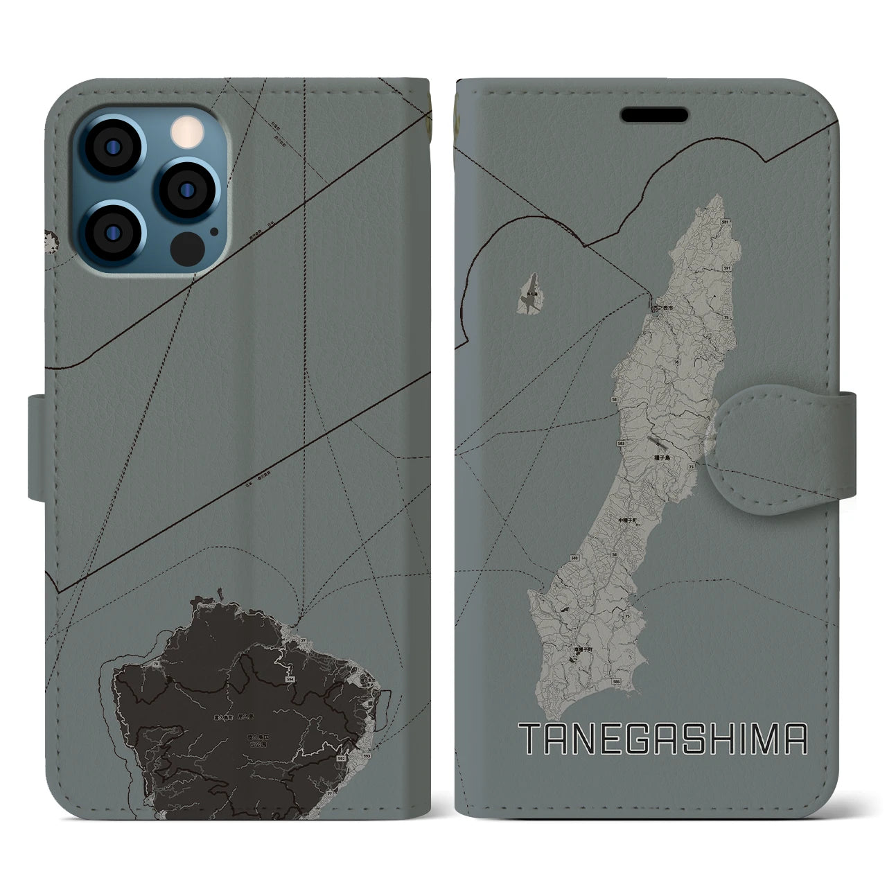 【種子島(鹿児島県)】地図柄iPhoneケース(手帳タイプ)モノトーン・iPhone 12 / 12 Pro 用