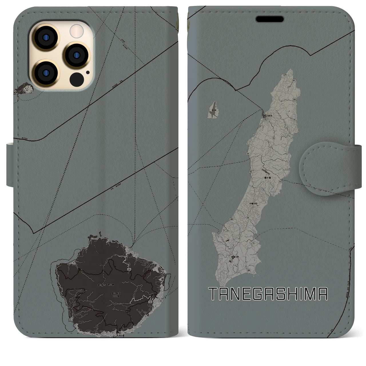 【種子島(鹿児島県)】地図柄iPhoneケース(手帳タイプ)モノトーン・iPhone 12 Pro Max 用