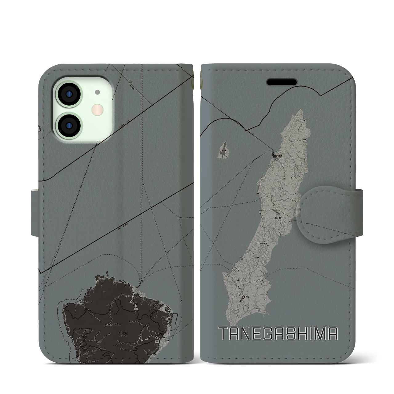 【種子島(鹿児島県)】地図柄iPhoneケース(手帳タイプ)モノトーン・iPhone 12 mini 用