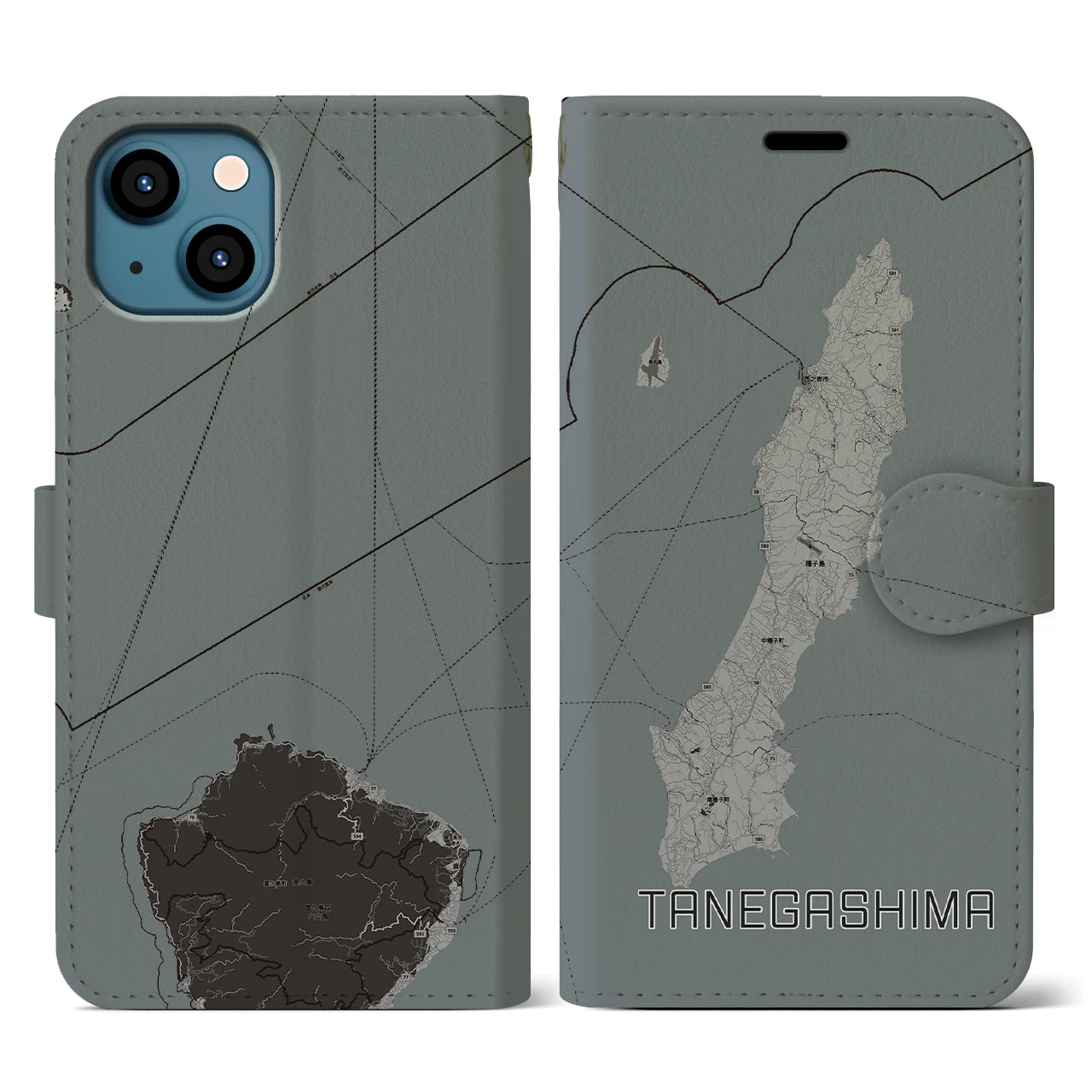 【種子島(鹿児島県)】地図柄iPhoneケース(手帳タイプ)モノトーン・iPhone 13 用